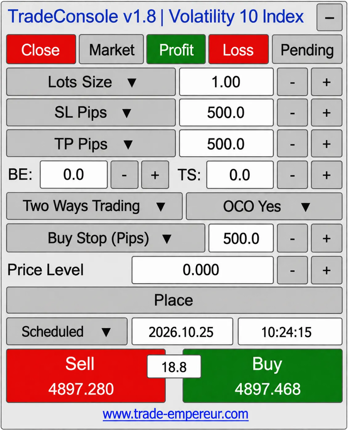 Gros plan du panneau Trade Console v1.8 avec contrôles de lots, SL/TP, break-even, trailing stop, ordres pending, OCO et achat/vente